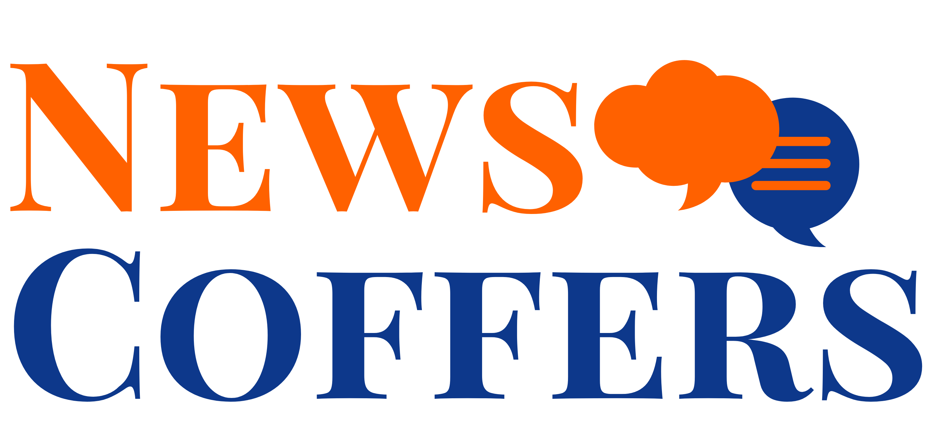 New Coffers logo featuring a stylish combination of orange and blue text in Playfair Display SG font. The word 'News' is in vibrant orange, while 'Coffers' is in cool blue. The logo also includes an isolated communication bubble icon in the same dual colors, adding a modern touch to the design